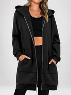 Women's Longline Zip Up Hoodie in Black – Studio Photo 3