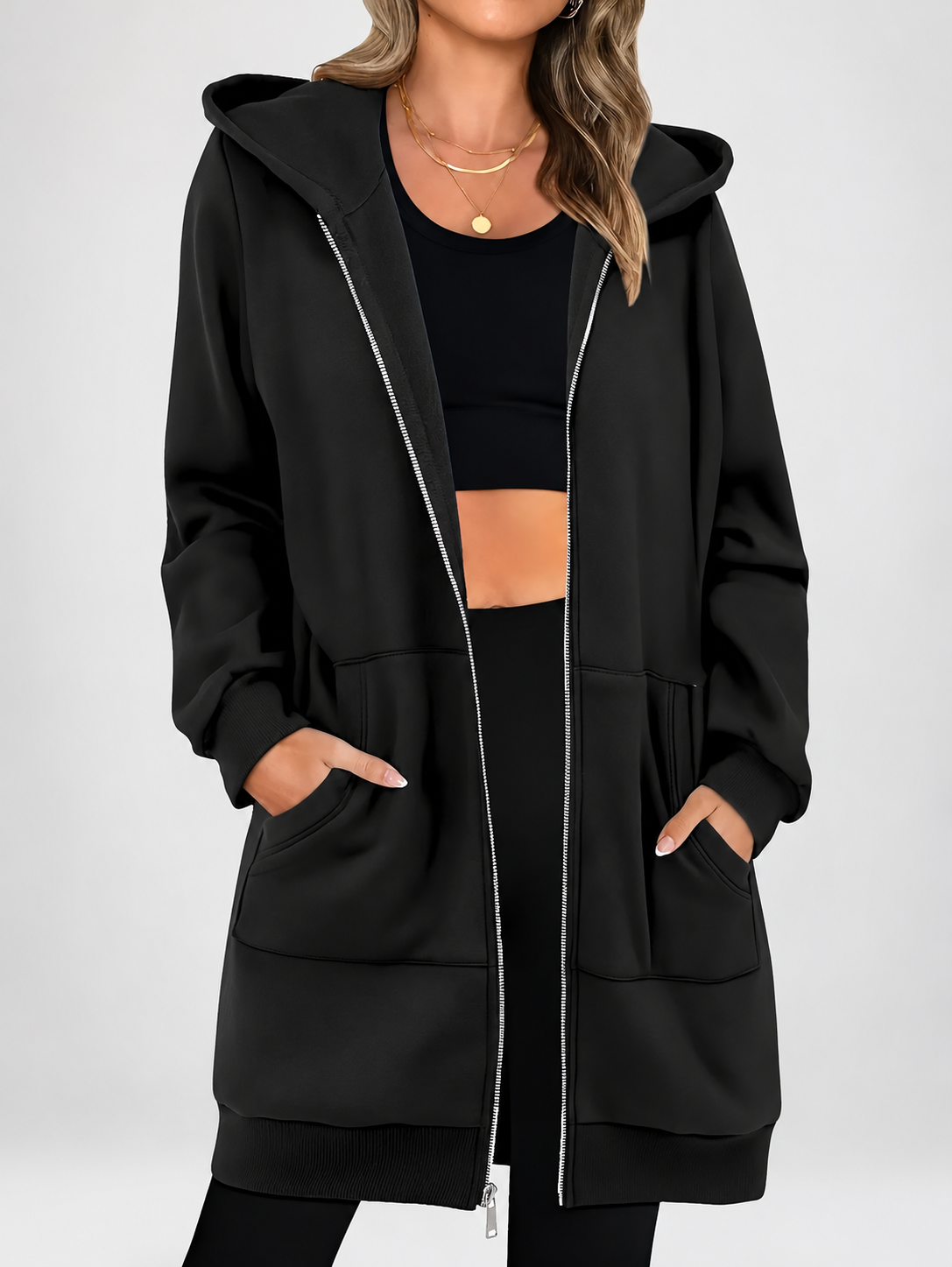 Women's Longline Zip Up Hoodie in Black – Studio Photo 3