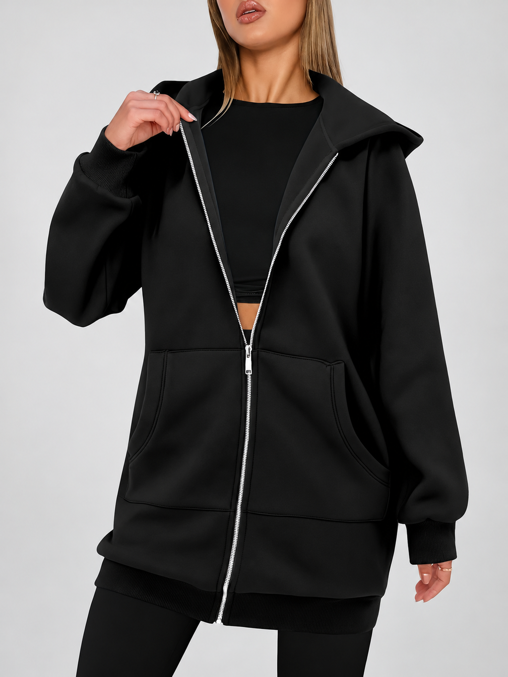 Women's Longline Zip Up Hoodie in Black – Studio Photo 4