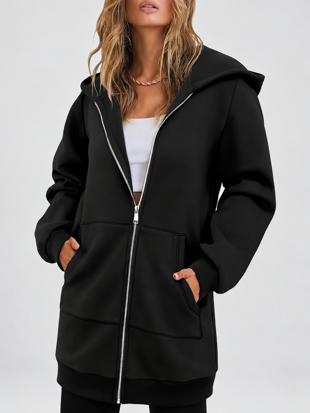 Women's Longline Zip Up Hoodie in Black – Studio Photo 5