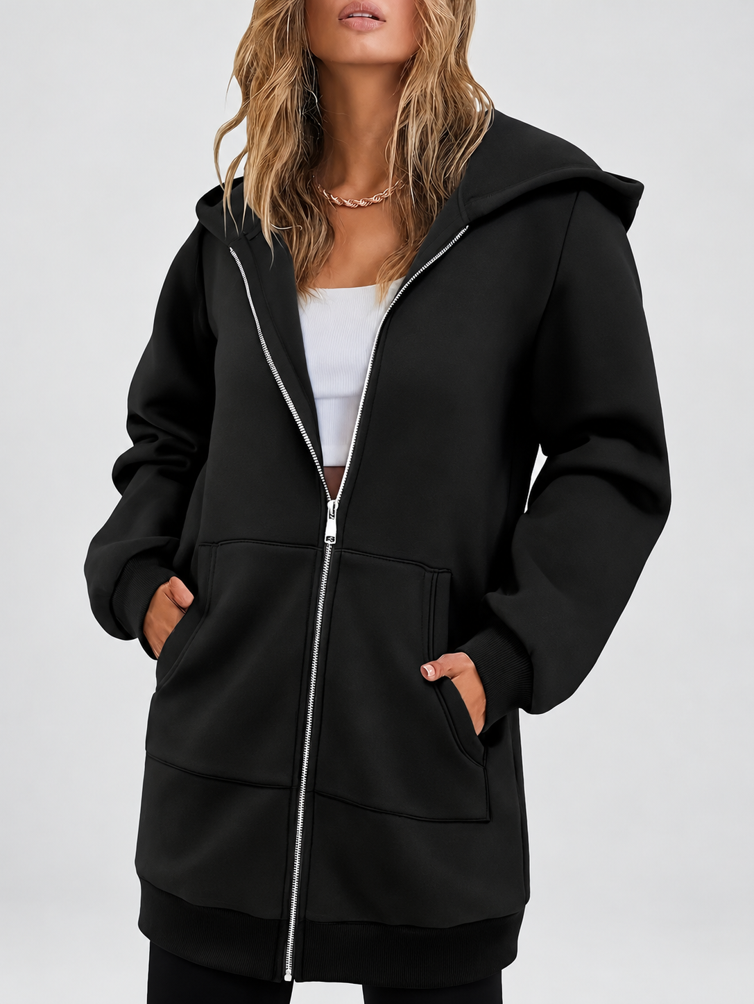 Women's Longline Zip Up Hoodie in Black – Studio Photo 5