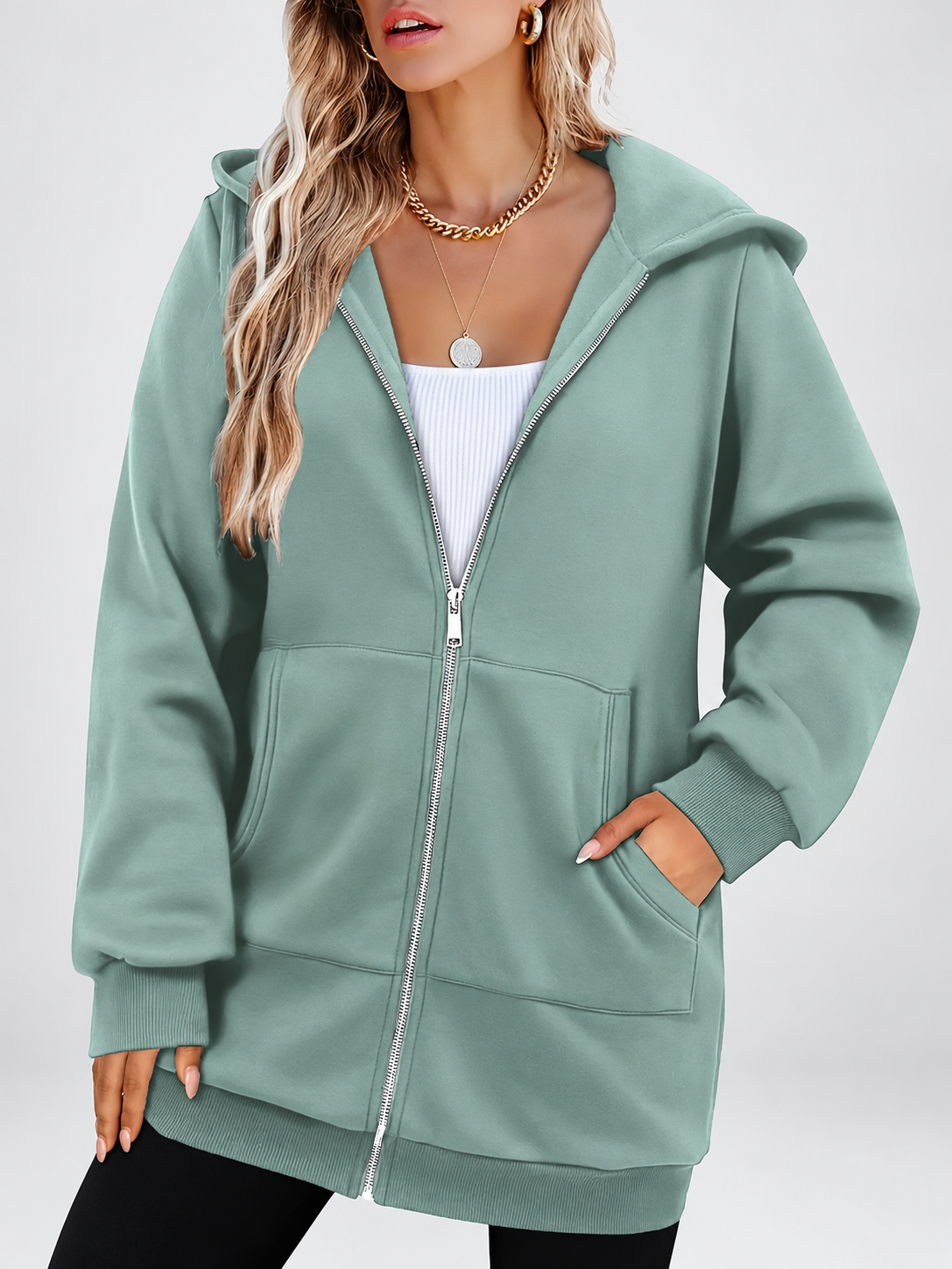 Women's Longline Zip Up Hoodie in Green – Studio Photo 1