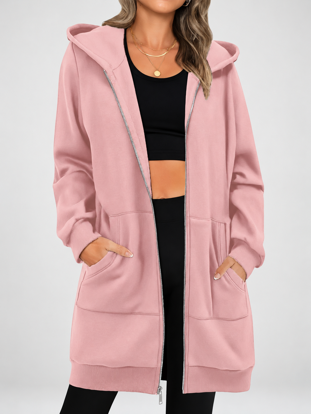 Women's Longline Zip Up Hoodie in Pink – Studio Photo 3