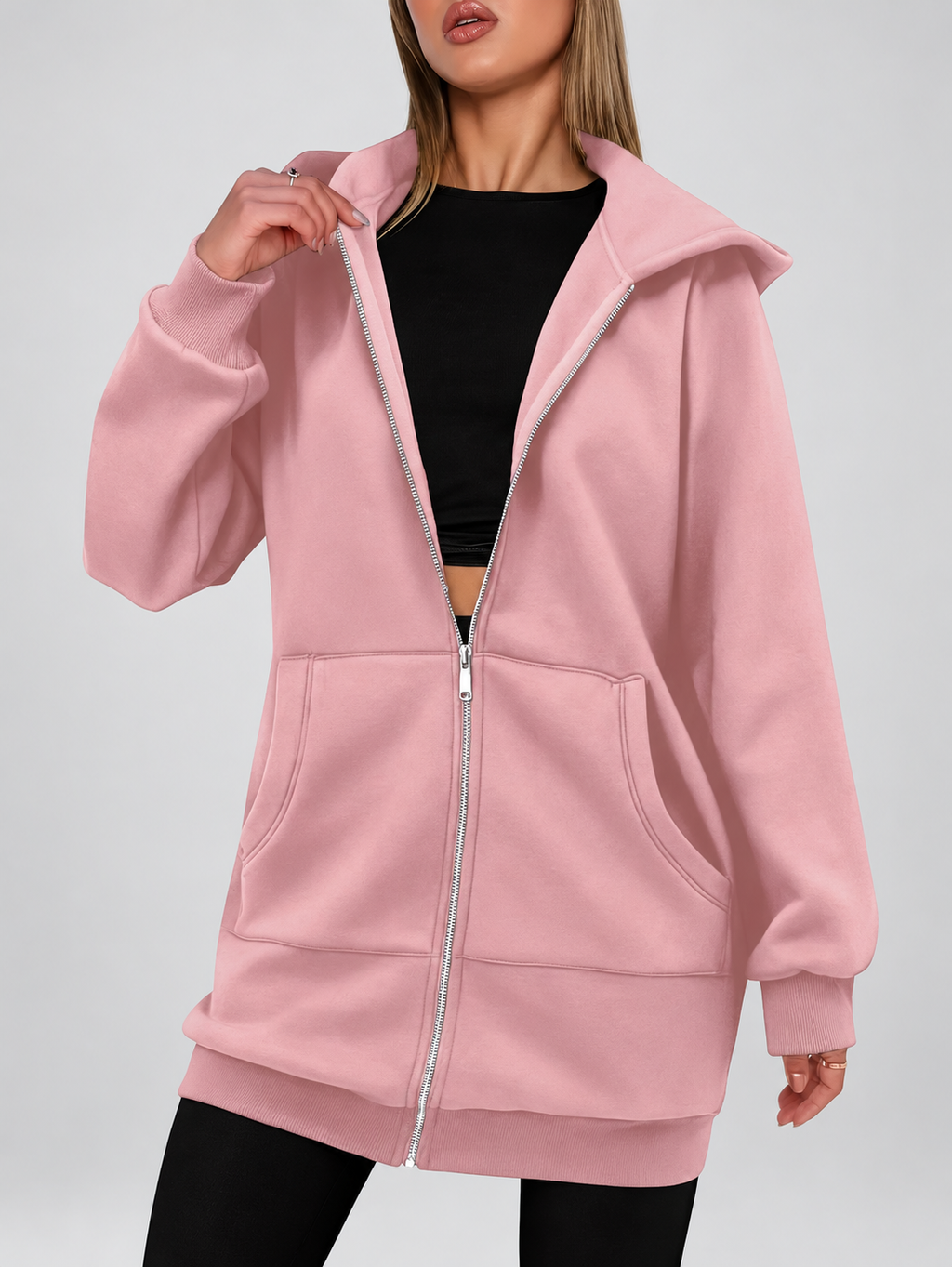 Women's Longline Zip Up Hoodie in Pink – Studio Photo 4