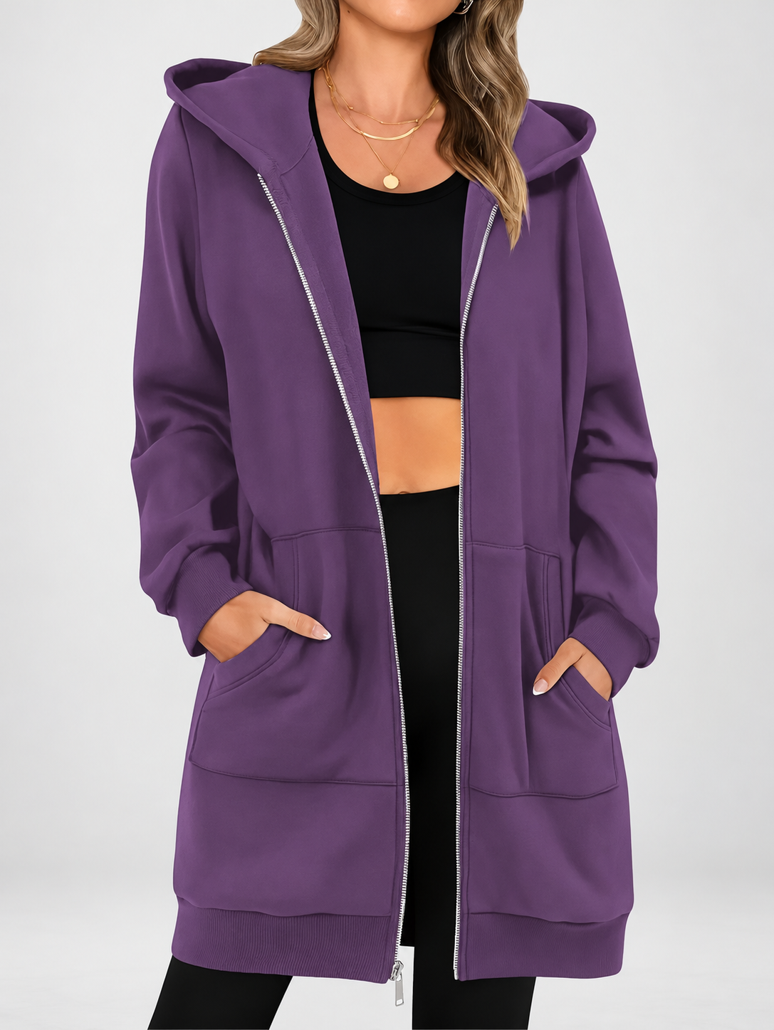 Women's Longline Zip Up Hoodie in Purple – Studio Photo 1