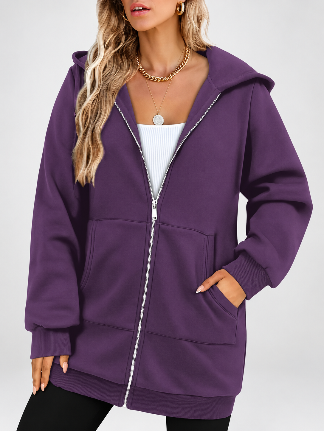 Women's Longline Zip Up Hoodie in Purple – Studio Photo 4