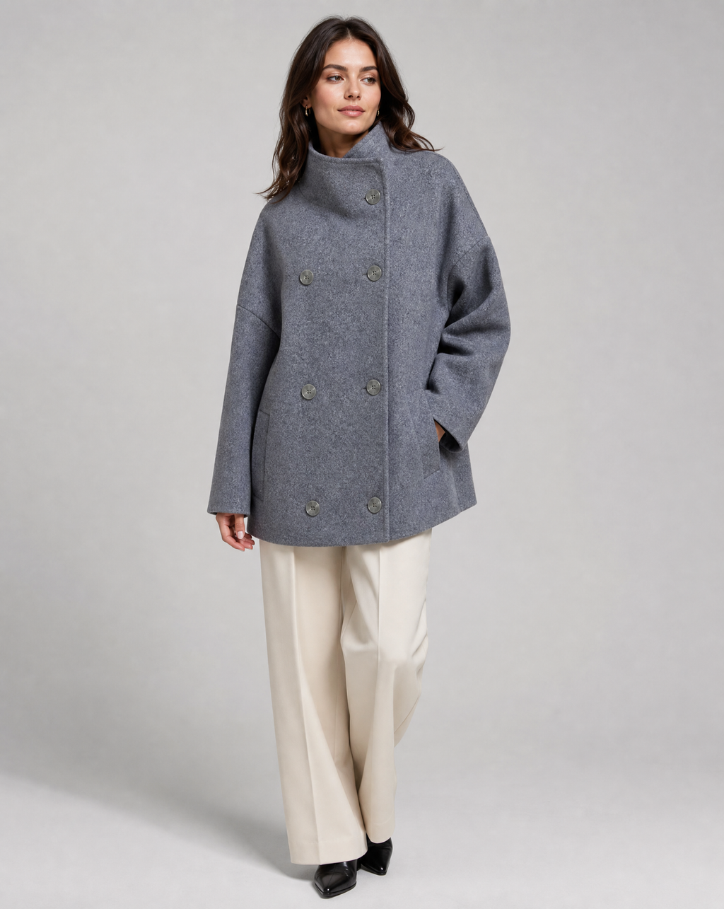 Women's Loose Fit Stand Collar Single Breasted Wool Look Short Coat 1