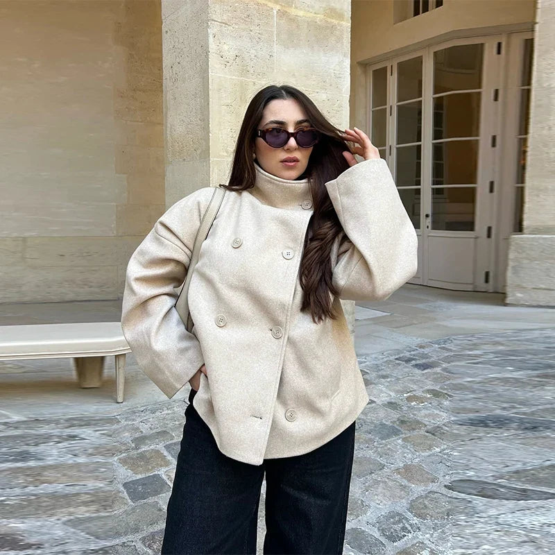 Women's Loose Fit Stand Collar Single Breasted Wool Look Short Coat 12