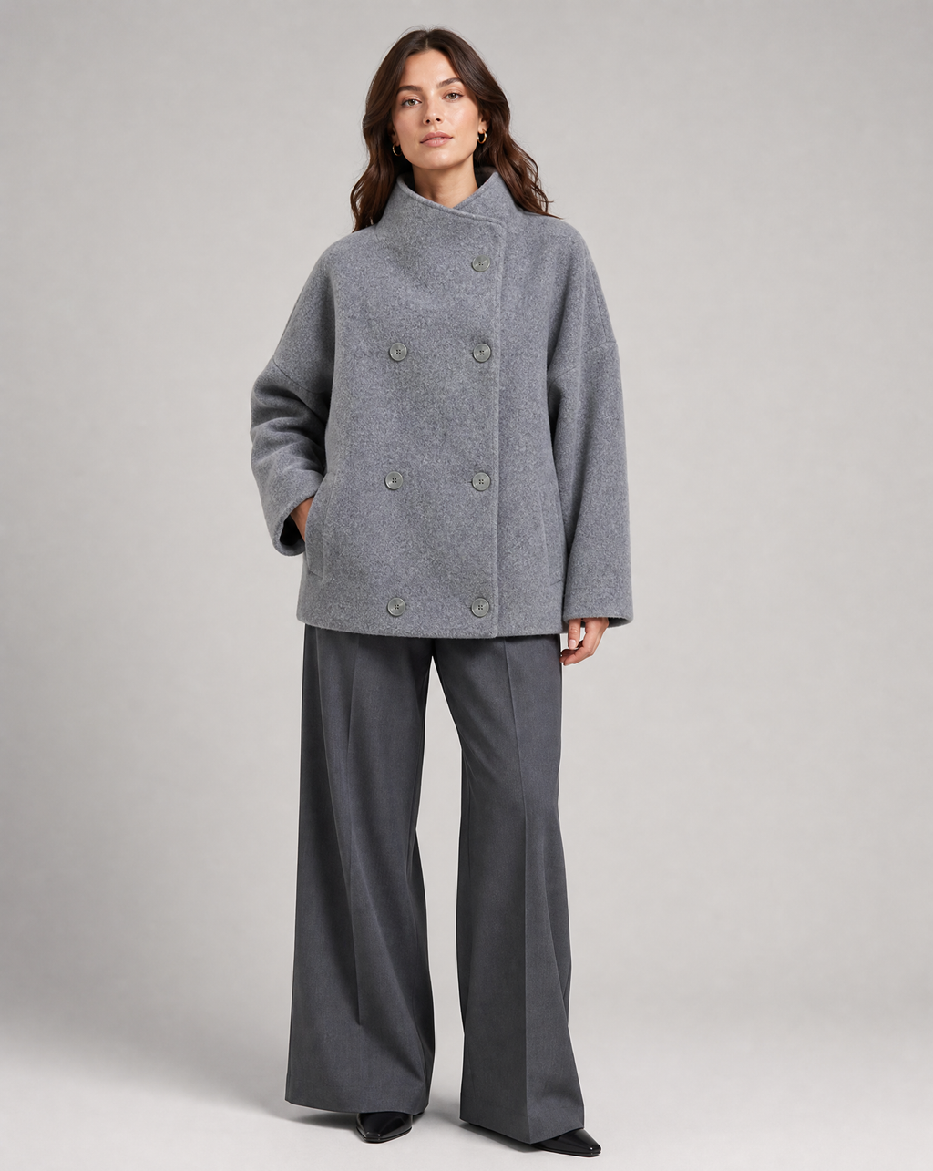 Women's Loose Fit Stand Collar Single Breasted Wool Look Short Coat 4