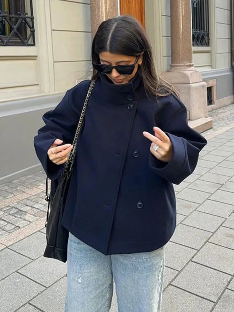 Women's Loose Fit Stand Collar Single Breasted Wool Look Short Coat 8