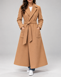Women's Maxi Belted Coat with Notch Lapels and Patch Pockets in Camel – Front View