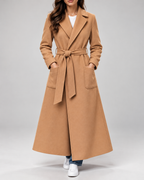 Women's Maxi Belted Coat with Notch Lapels and Patch Pockets in Camel – Front View