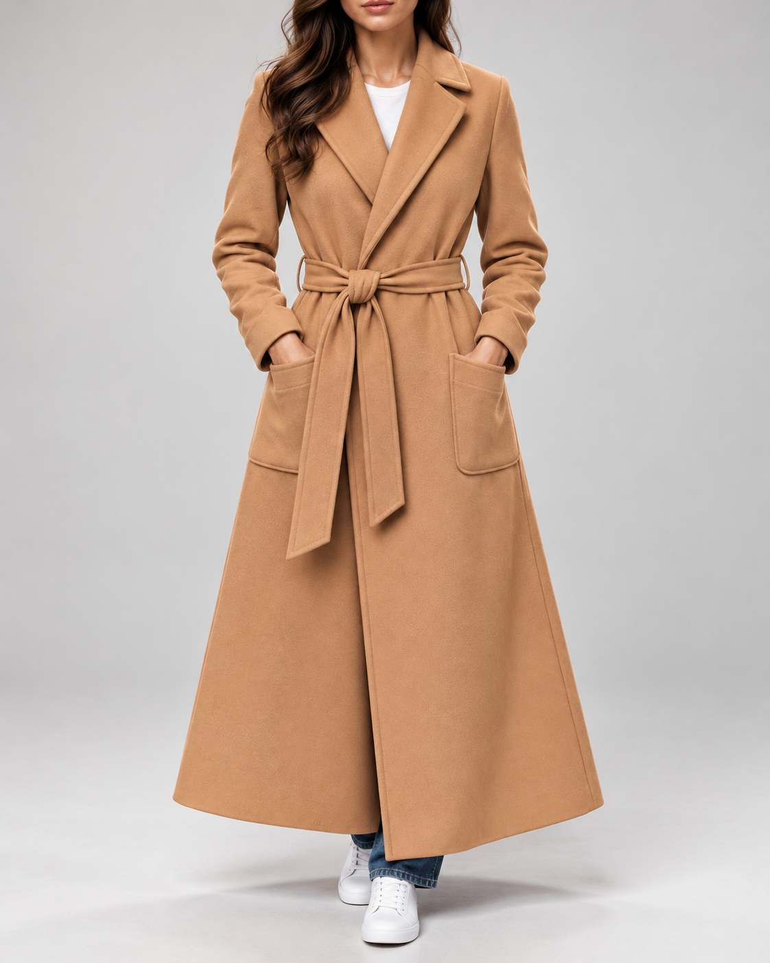 Women's Maxi Belted Coat with Notch Lapels and Patch Pockets in Camel – Front View
