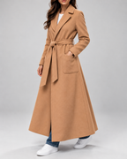 Women's Maxi Belted Coat with Notch Lapels and Patch Pockets in Camel – Three-Quarter View