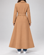 Women's Maxi Belted Coat with Notch Lapels and Patch Pockets in Camel – Back View