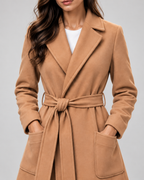 Women's Maxi Belted Coat with Notch Lapels and Patch Pockets in Camel – Detail