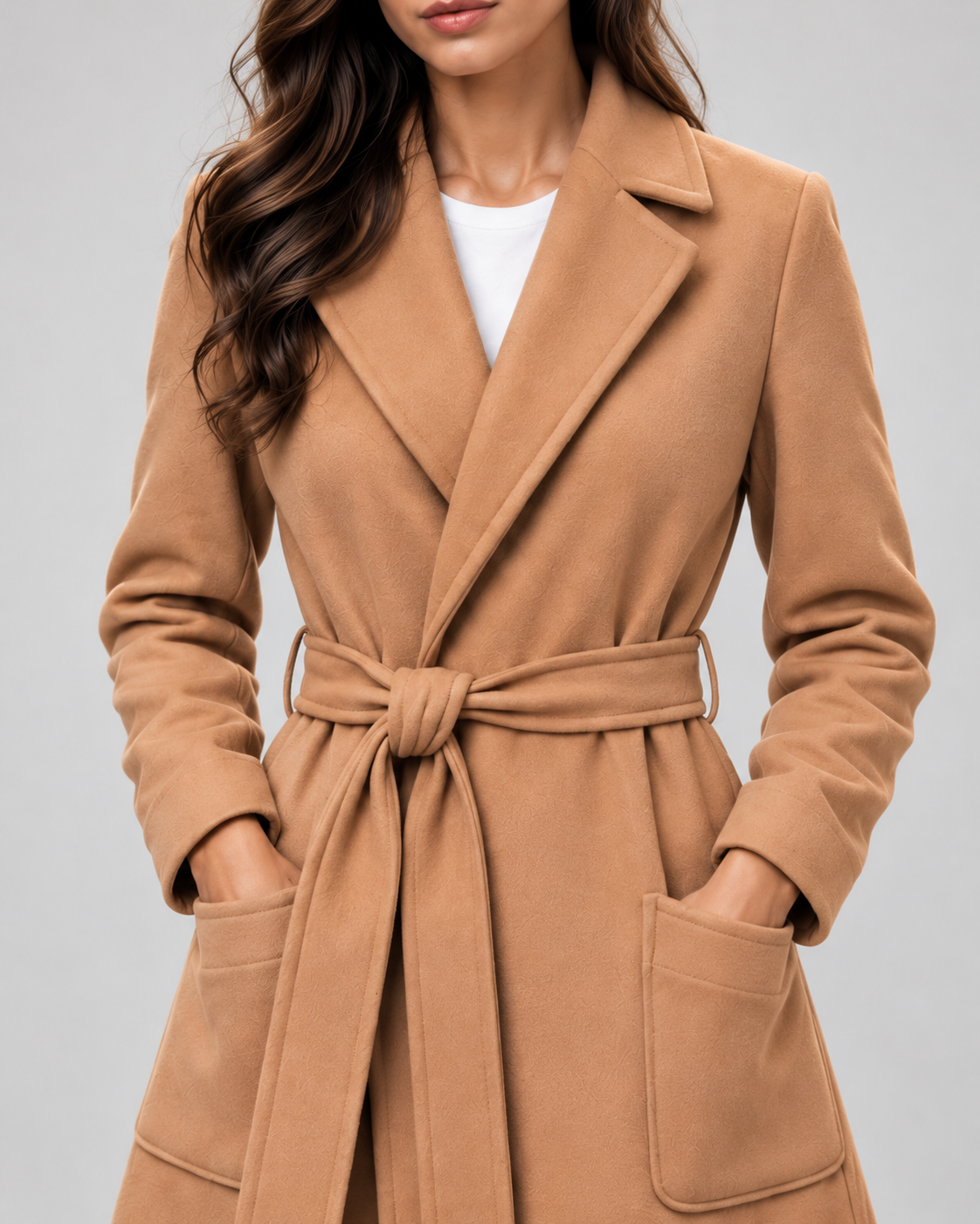 Women's Maxi Belted Coat with Notch Lapels and Patch Pockets in Camel – Detail