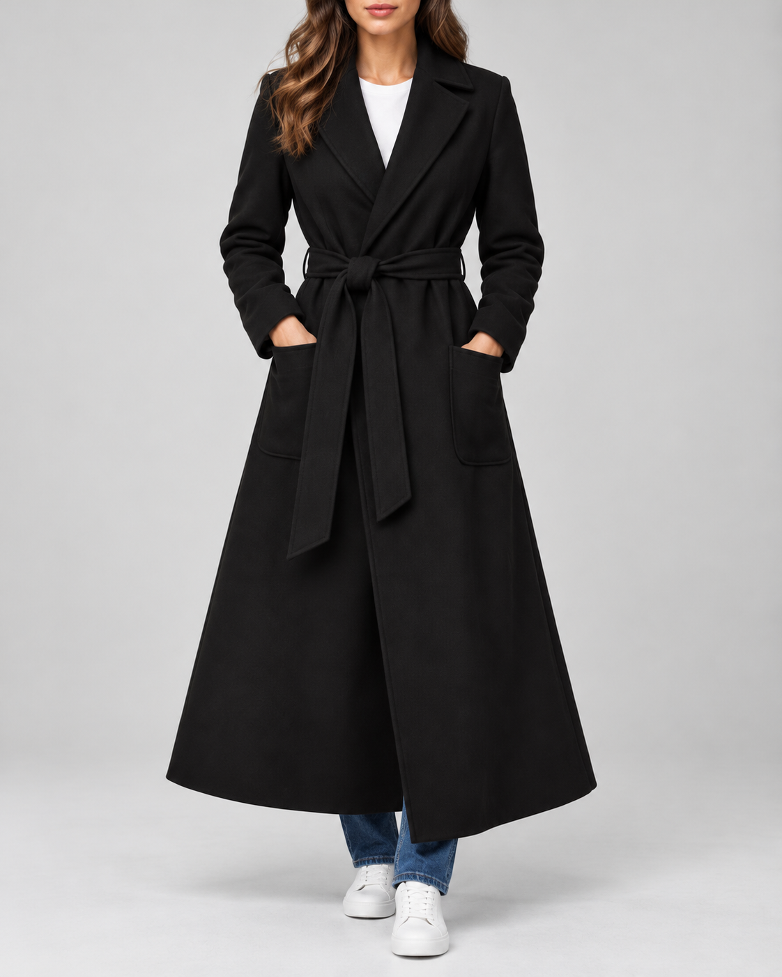 Women's Maxi Belted Coat with Notch Lapels and Patch Pockets in Black – Front View