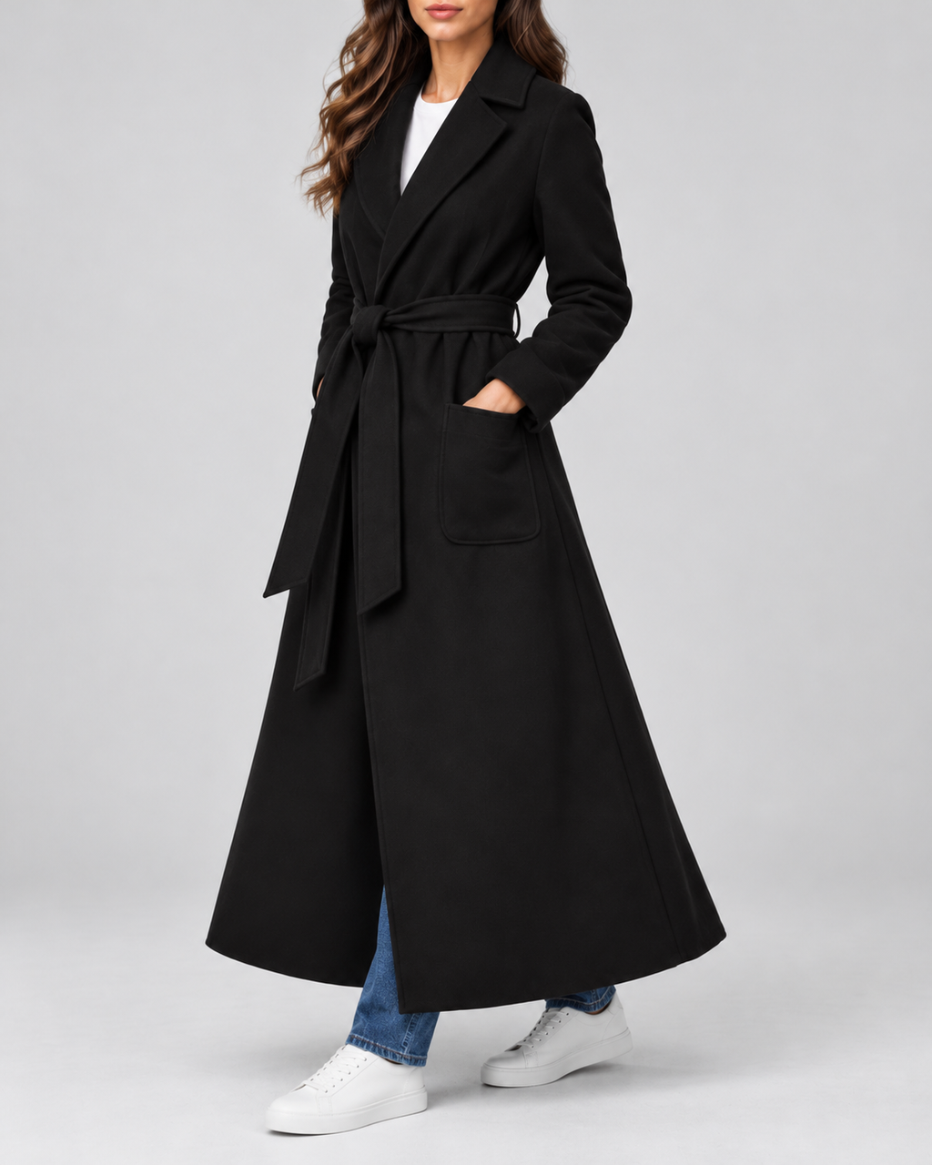 Women's Maxi Belted Coat with Notch Lapels and Patch Pockets in Black – Three-Quarter View