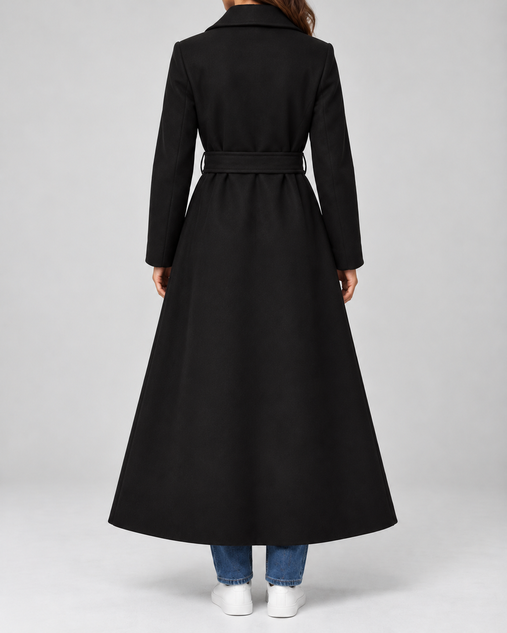 Women's Maxi Belted Coat with Notch Lapels and Patch Pockets in Black – Back View