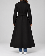 Women's Maxi Belted Coat with Notch Lapels and Patch Pockets in Black – Back View