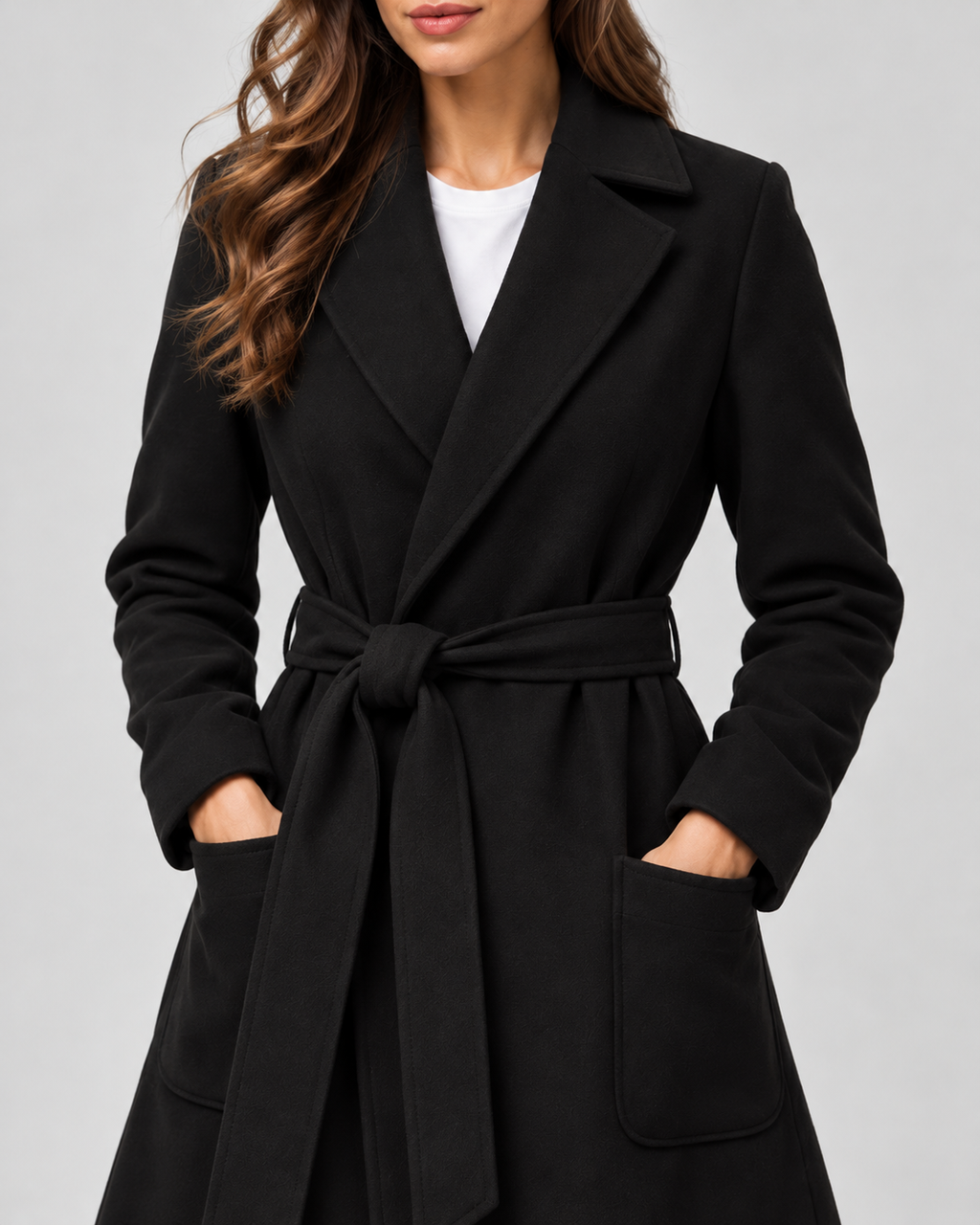Women's Maxi Belted Coat with Notch Lapels and Patch Pockets in Black – Detail