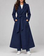 Women's Maxi Belted Coat with Notch Lapels and Patch Pockets in Navy Blue – Front View