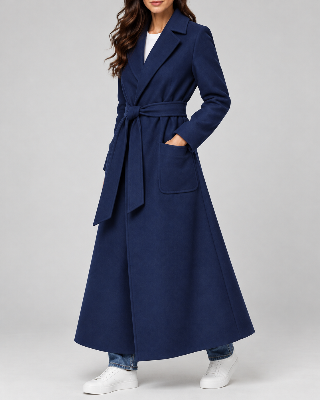 Women's Maxi Belted Coat with Notch Lapels and Patch Pockets in Navy Blue – Three-Quarter View