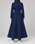 Women's Maxi Belted Coat with Notch Lapels and Patch Pockets in Navy Blue – Back View