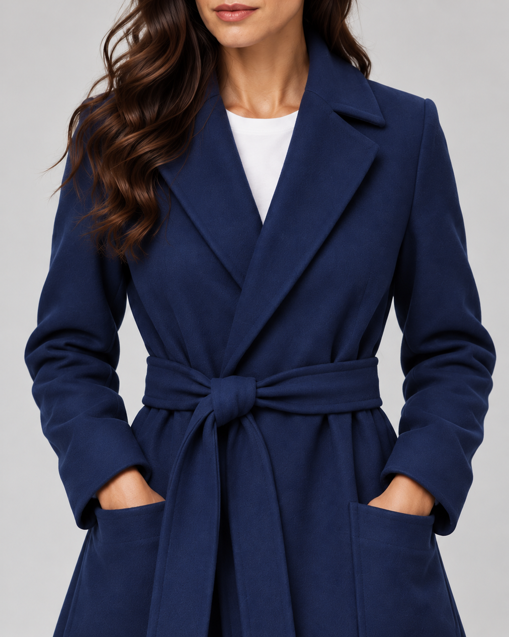 Women's Maxi Belted Coat with Notch Lapels and Patch Pockets in Navy Blue – Detail