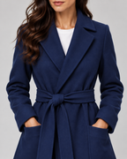 Women's Maxi Belted Coat with Notch Lapels and Patch Pockets in Navy Blue – Detail