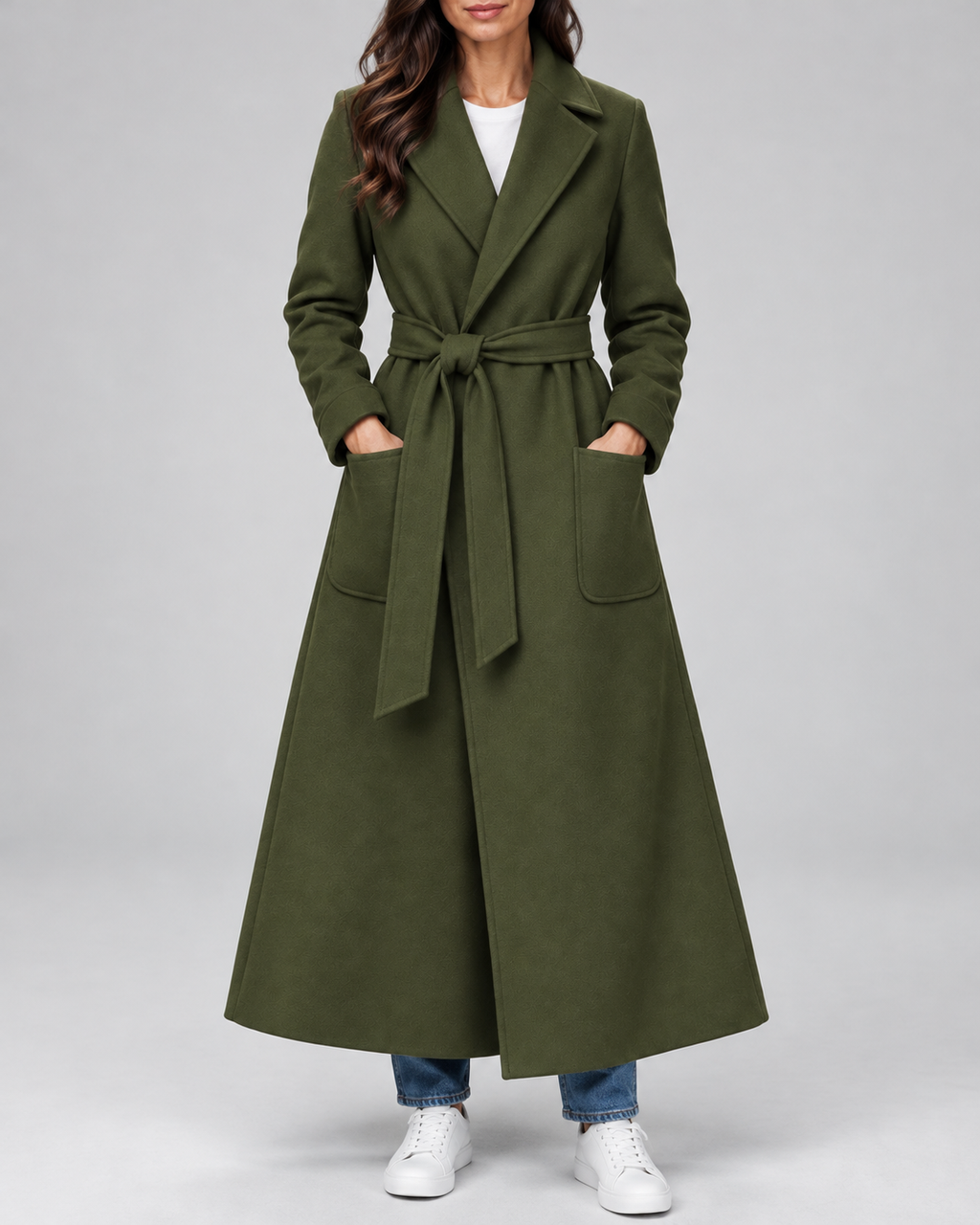 Women's Maxi Belted Coat with Notch Lapels and Patch Pockets in Olive Green – Front View