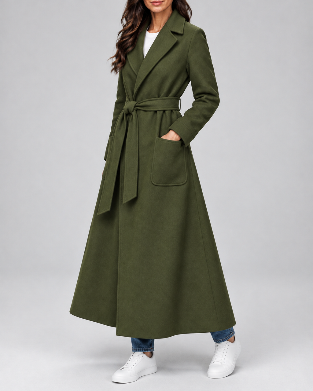 Women's Maxi Belted Coat with Notch Lapels and Patch Pockets in Olive Green – Three-Quarter View