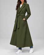 Women's Maxi Belted Coat with Notch Lapels and Patch Pockets in Olive Green – Three-Quarter View