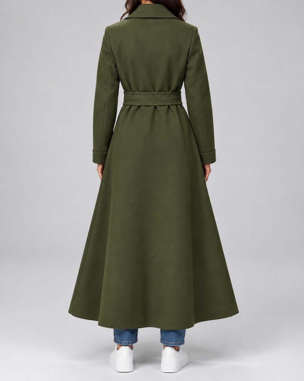 Women's Maxi Belted Coat with Notch Lapels and Patch Pockets in Olive Green – Back View