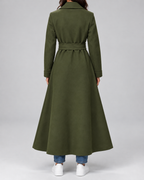 Women's Maxi Belted Coat with Notch Lapels and Patch Pockets in Olive Green – Back View