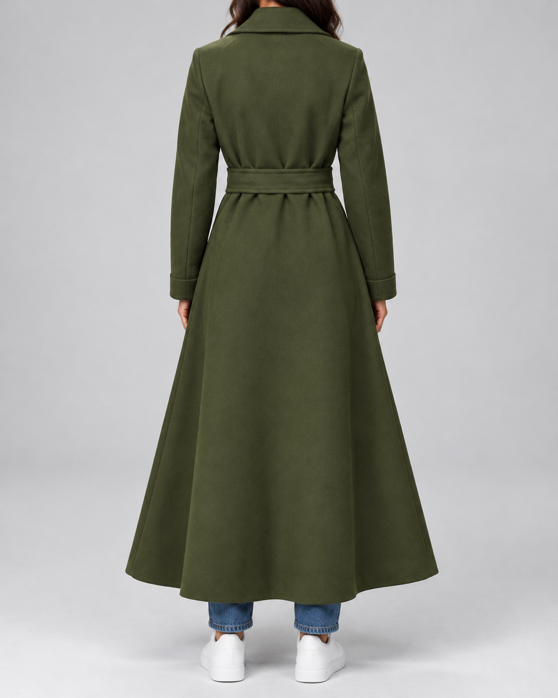 Women's Maxi Belted Coat with Notch Lapels and Patch Pockets in Olive Green – Back View