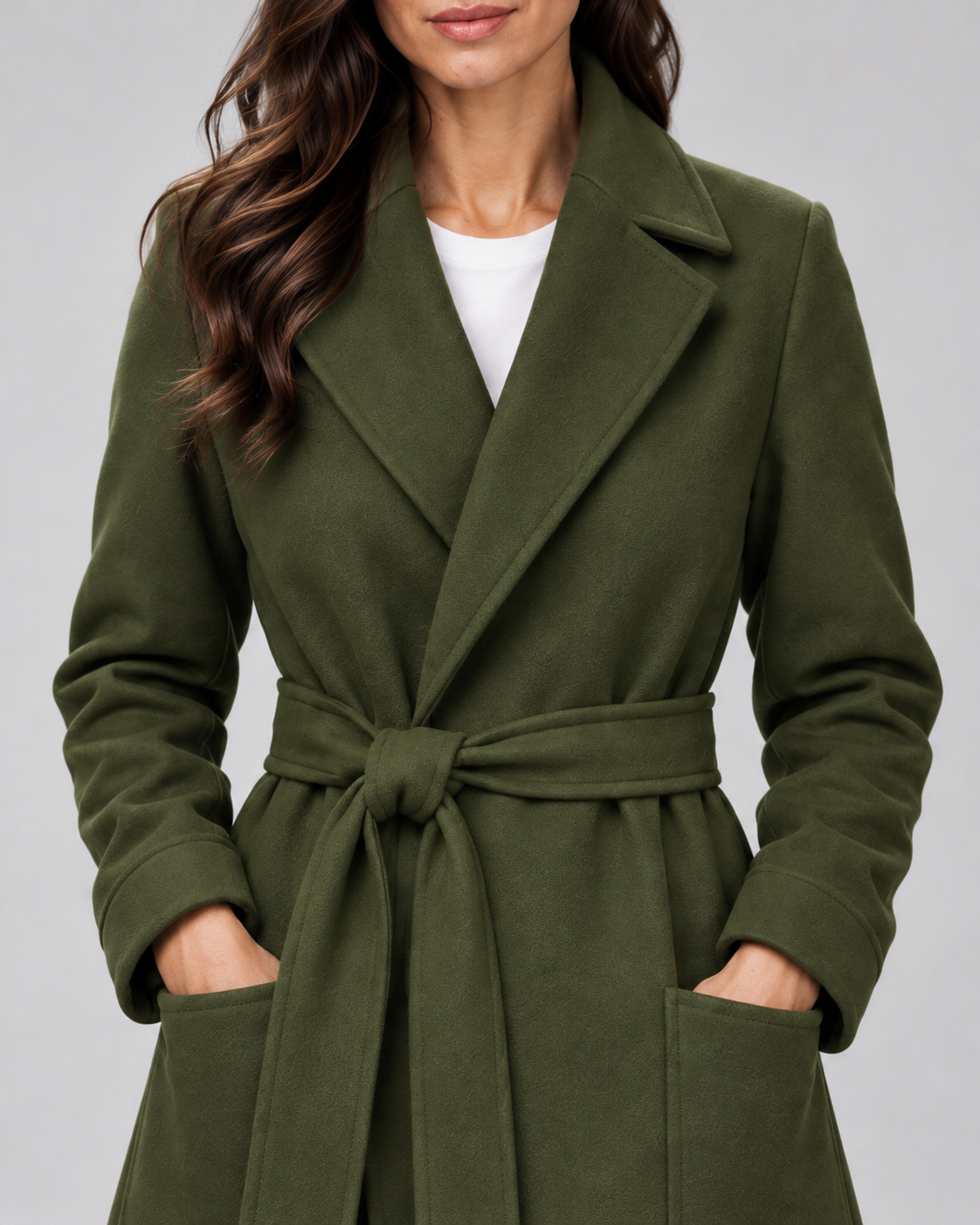 Women's Maxi Belted Coat with Notch Lapels and Patch Pockets in Olive Green – Detail