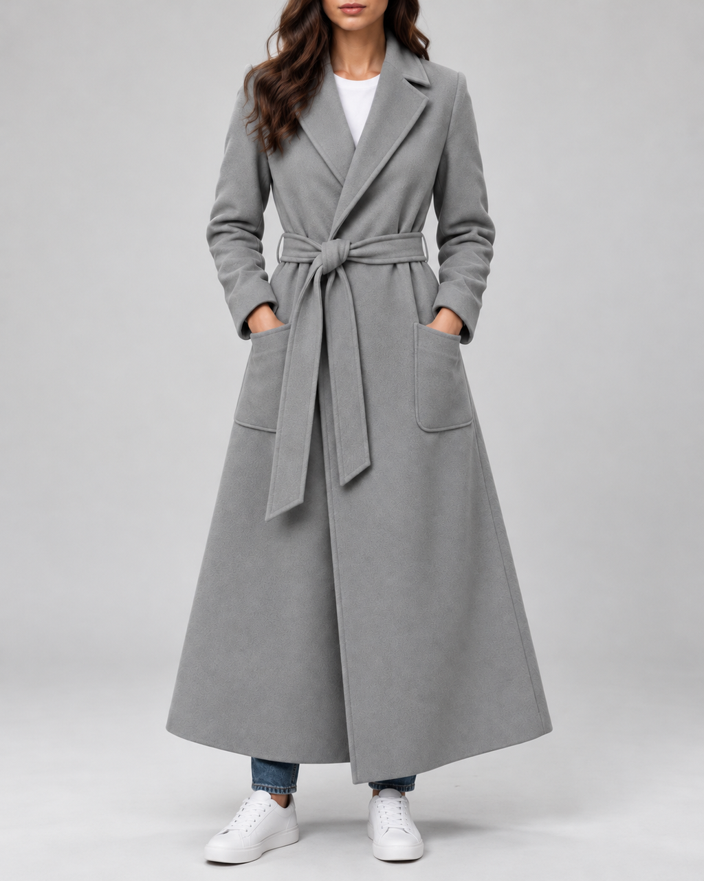 Women's Maxi Belted Coat with Notch Lapels and Patch Pockets in Grey – Front View