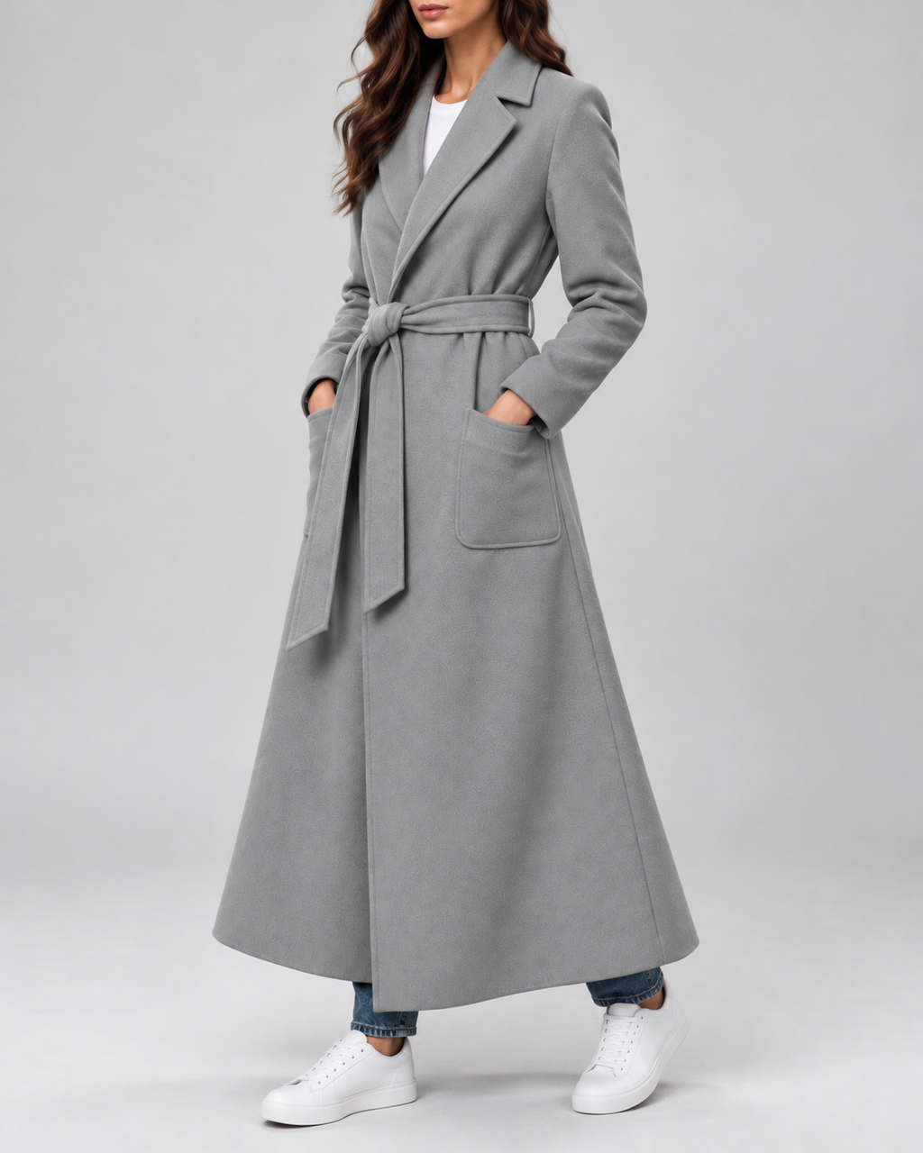 Women's Maxi Belted Coat with Notch Lapels and Patch Pockets in Grey – Three-Quarter View
