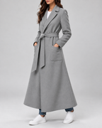 Women's Maxi Belted Coat with Notch Lapels and Patch Pockets in Grey – Three-Quarter View
