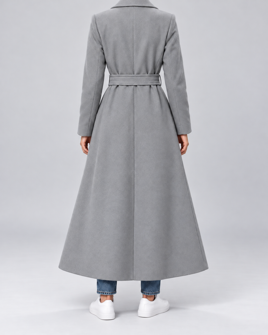 Women's Maxi Belted Coat with Notch Lapels and Patch Pockets in Grey – Back View