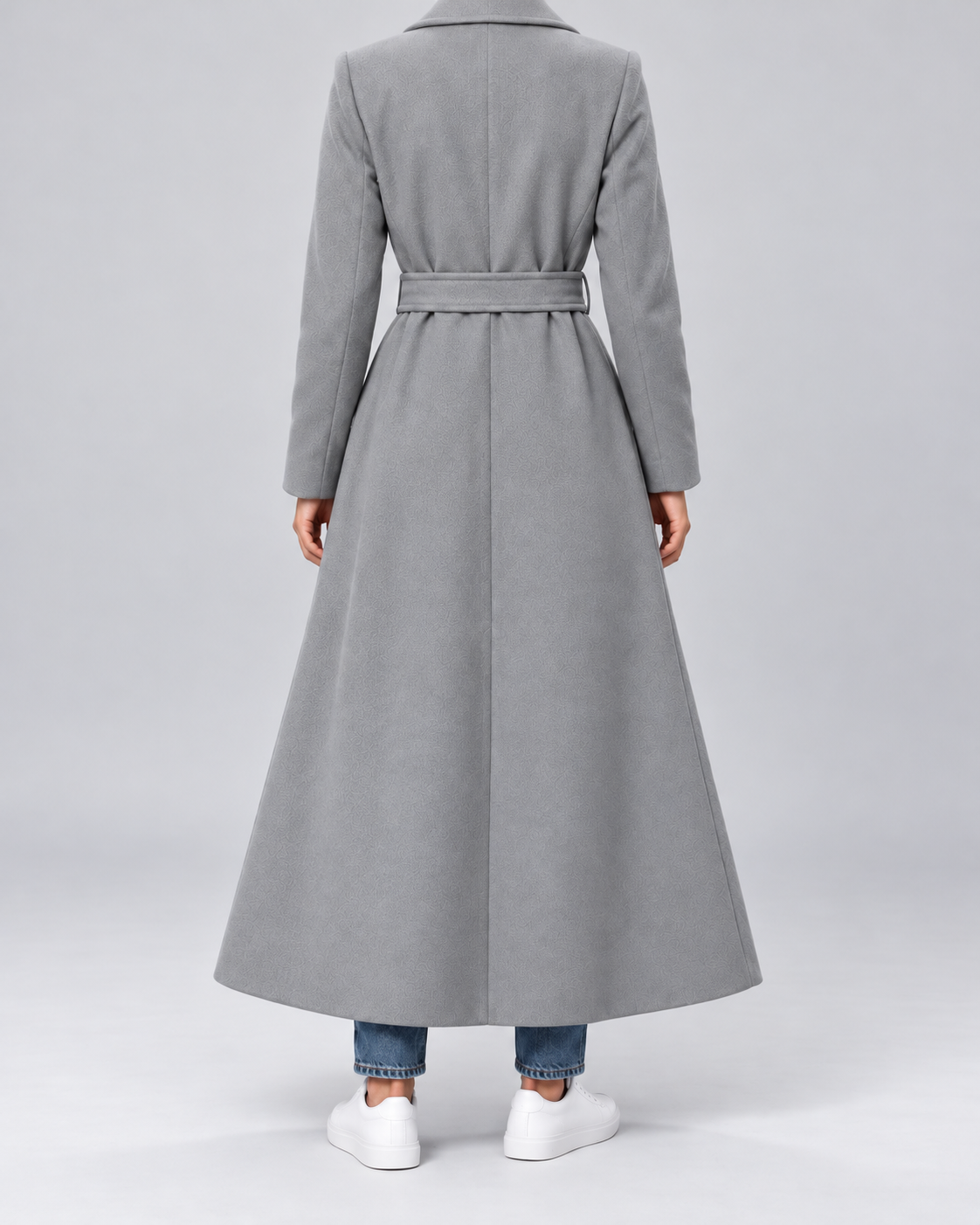 Women's Maxi Belted Coat with Notch Lapels and Patch Pockets in Grey – Back View