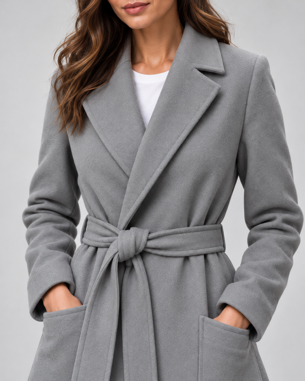 Women's Maxi Belted Coat with Notch Lapels and Patch Pockets in Grey – Detail