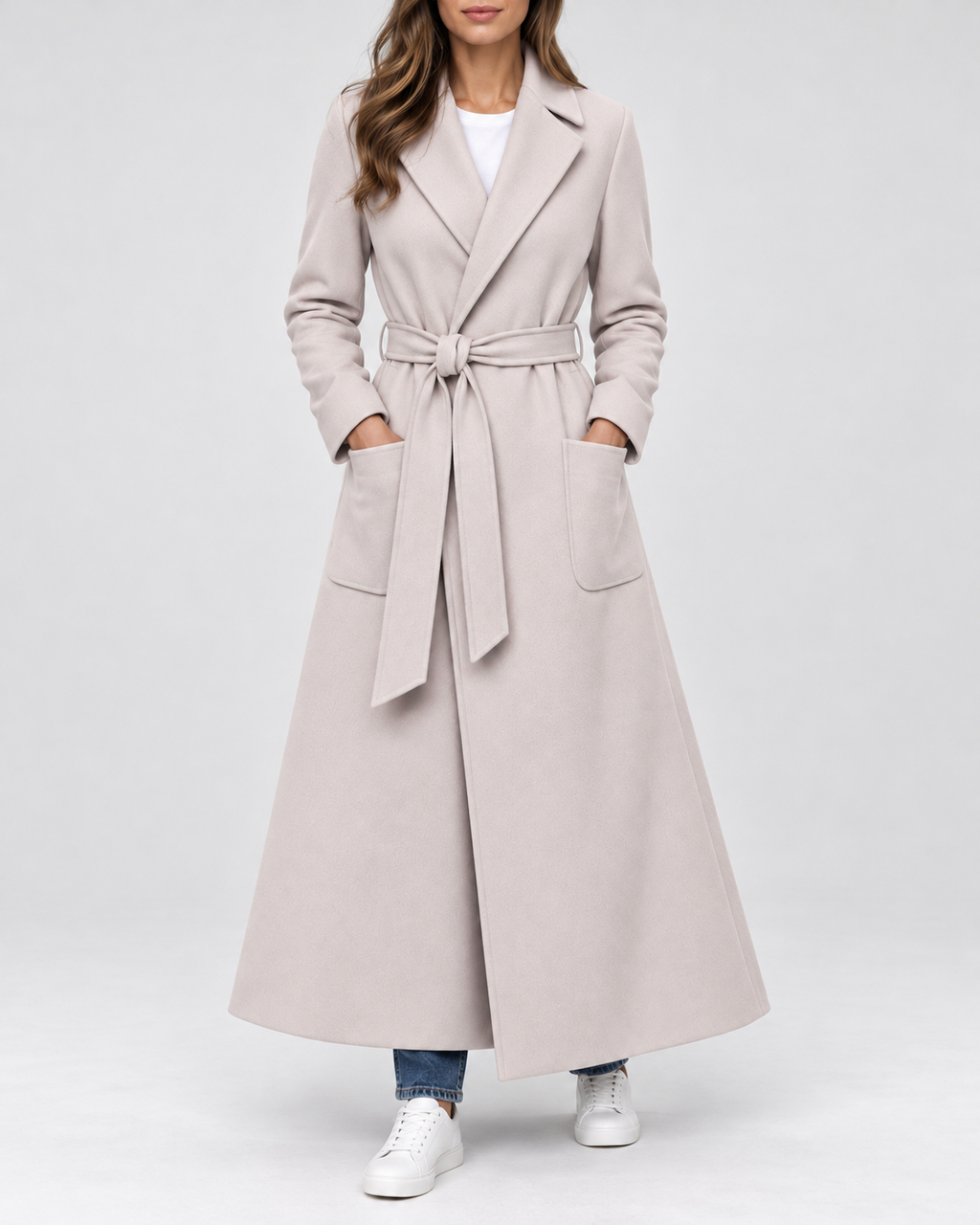 Women's Maxi Belted Coat with Notch Lapels and Patch Pockets in Beige – Front View