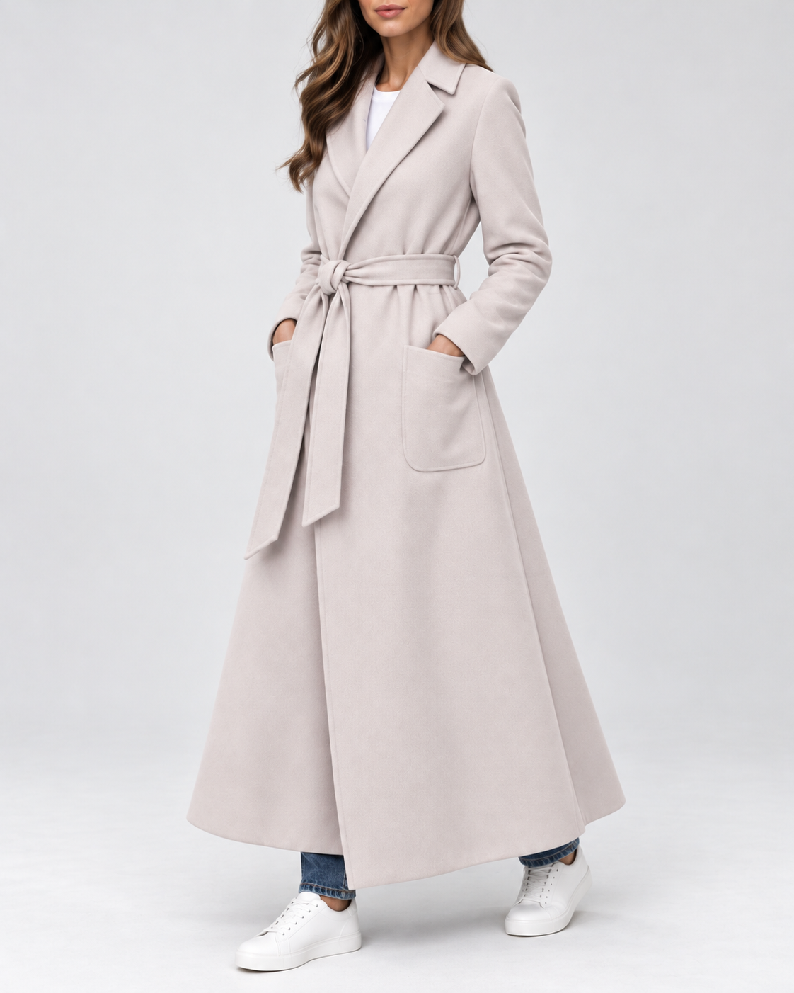 Women's Maxi Belted Coat with Notch Lapels and Patch Pockets in Beige – Three-Quarter View