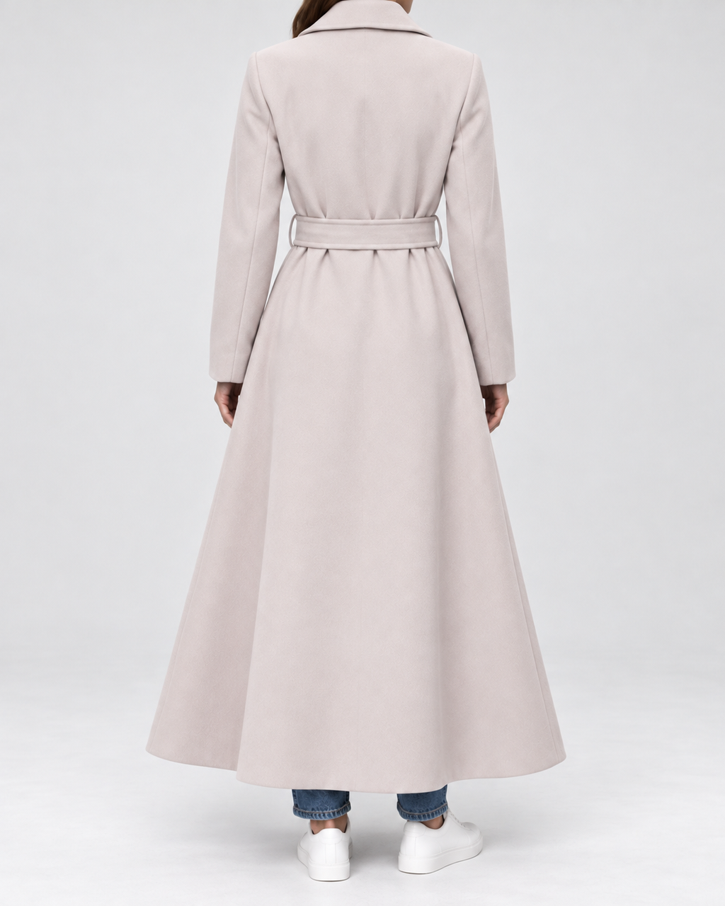 Women's Maxi Belted Coat with Notch Lapels and Patch Pockets in Beige – Back View