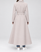 Women's Maxi Belted Coat with Notch Lapels and Patch Pockets in Beige – Back View