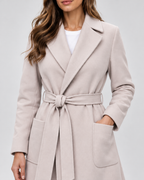 Women's Maxi Belted Coat with Notch Lapels and Patch Pockets in Beige – Detail