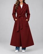 Women's Maxi Belted Coat with Notch Lapels and Patch Pockets in Burgundy – Front View